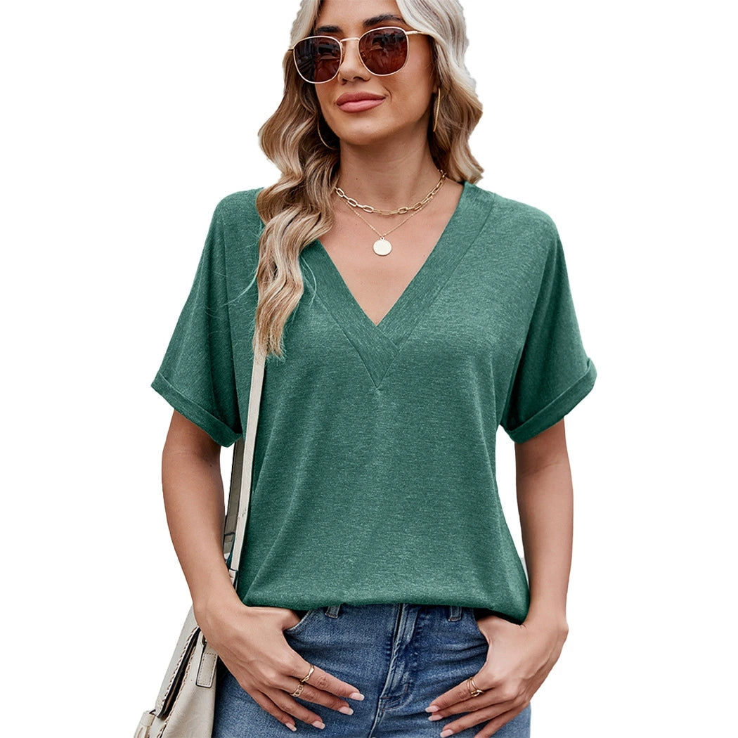 ASKSA Summer Women's Fashion Olyvenn T Solid Color V-Neck Loose Short-Sleeve T-Shirt