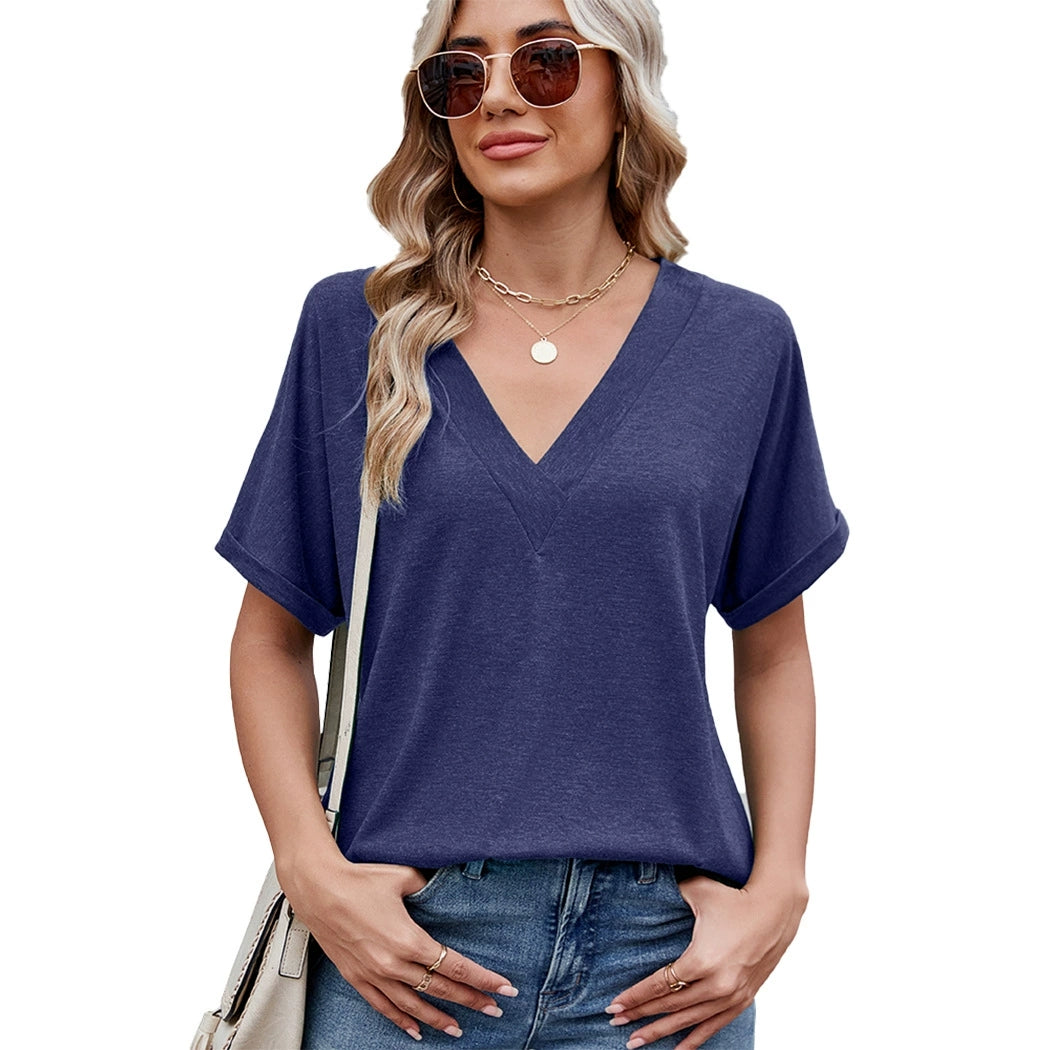 ASKSA Summer Women's Fashion Olyvenn T Solid Color V-Neck Loose Short-Sleeve T-Shirt