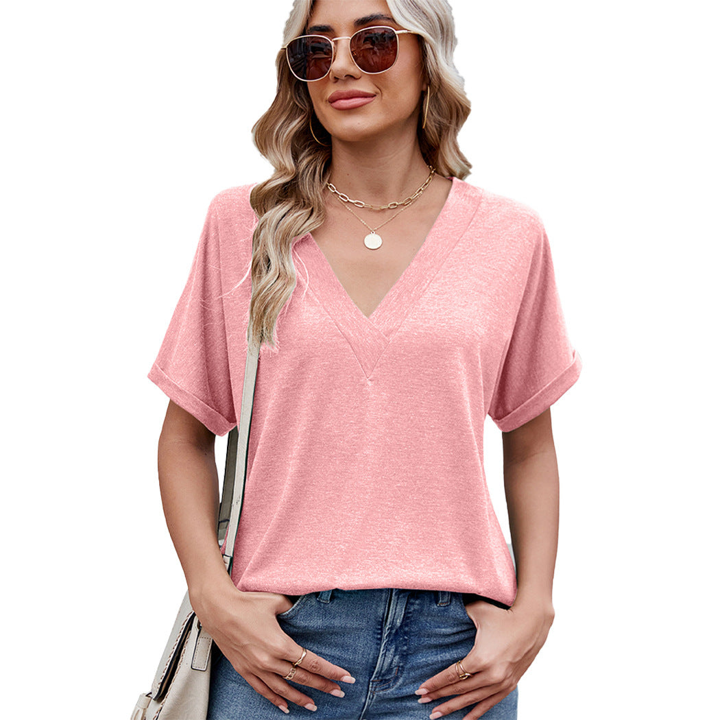 ASKSA Summer Women's Fashion Olyvenn T Solid Color V-Neck Loose Short-Sleeve T-Shirt