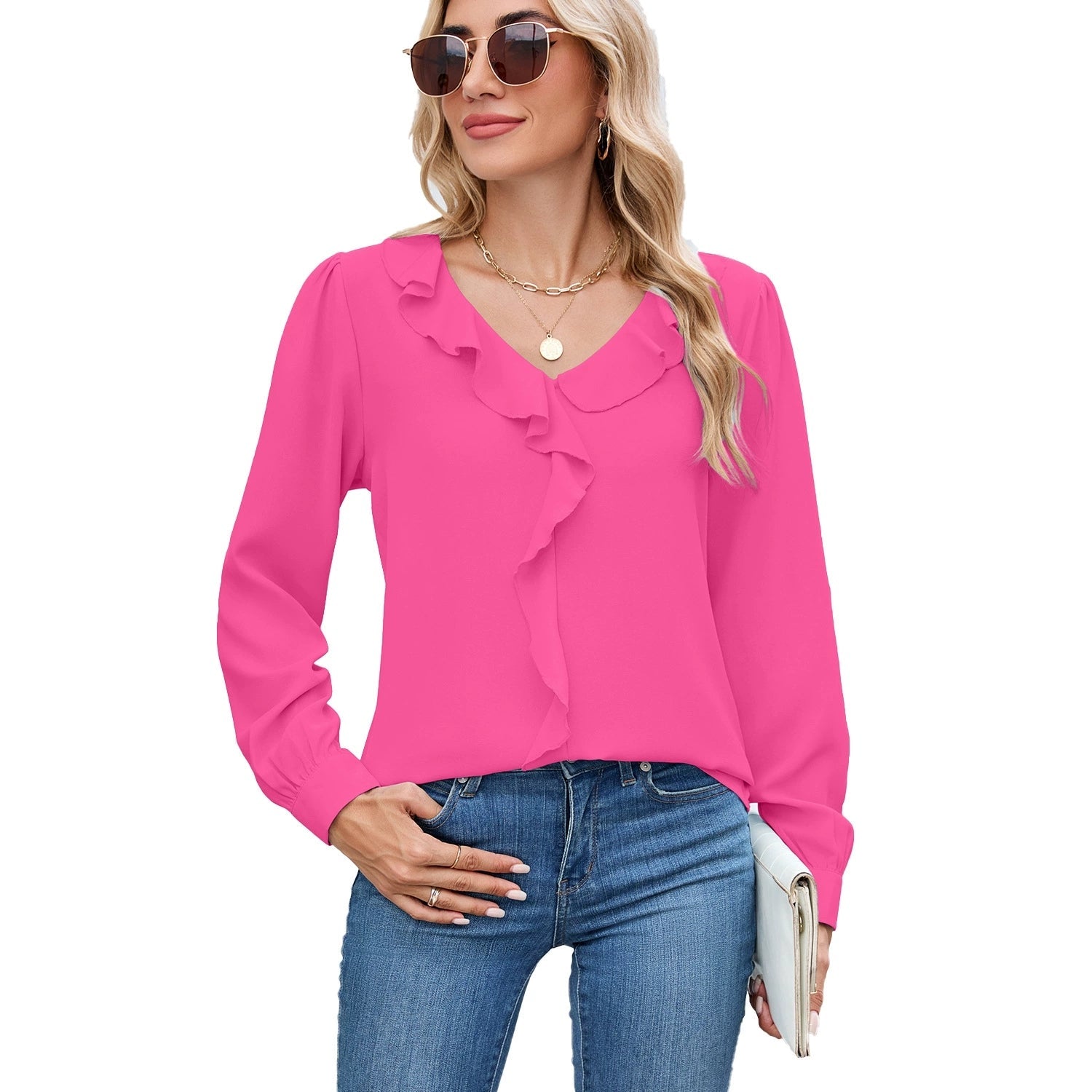 ASKSA women's long-sleeved ruffled V-neck summer elegant solid color loose chiffon shirt