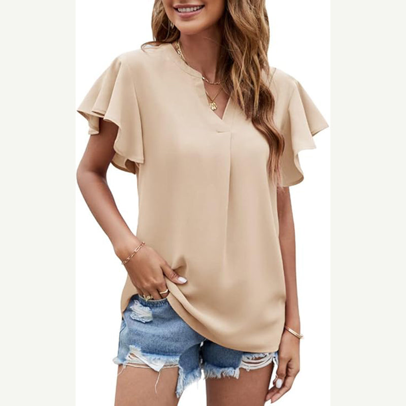 ASKSA Women's Shirt Chiffon Elegant V-neck Ruffle Summer Short Sleeve Loose Solid Color Basic Tops Casual Tunic Tops