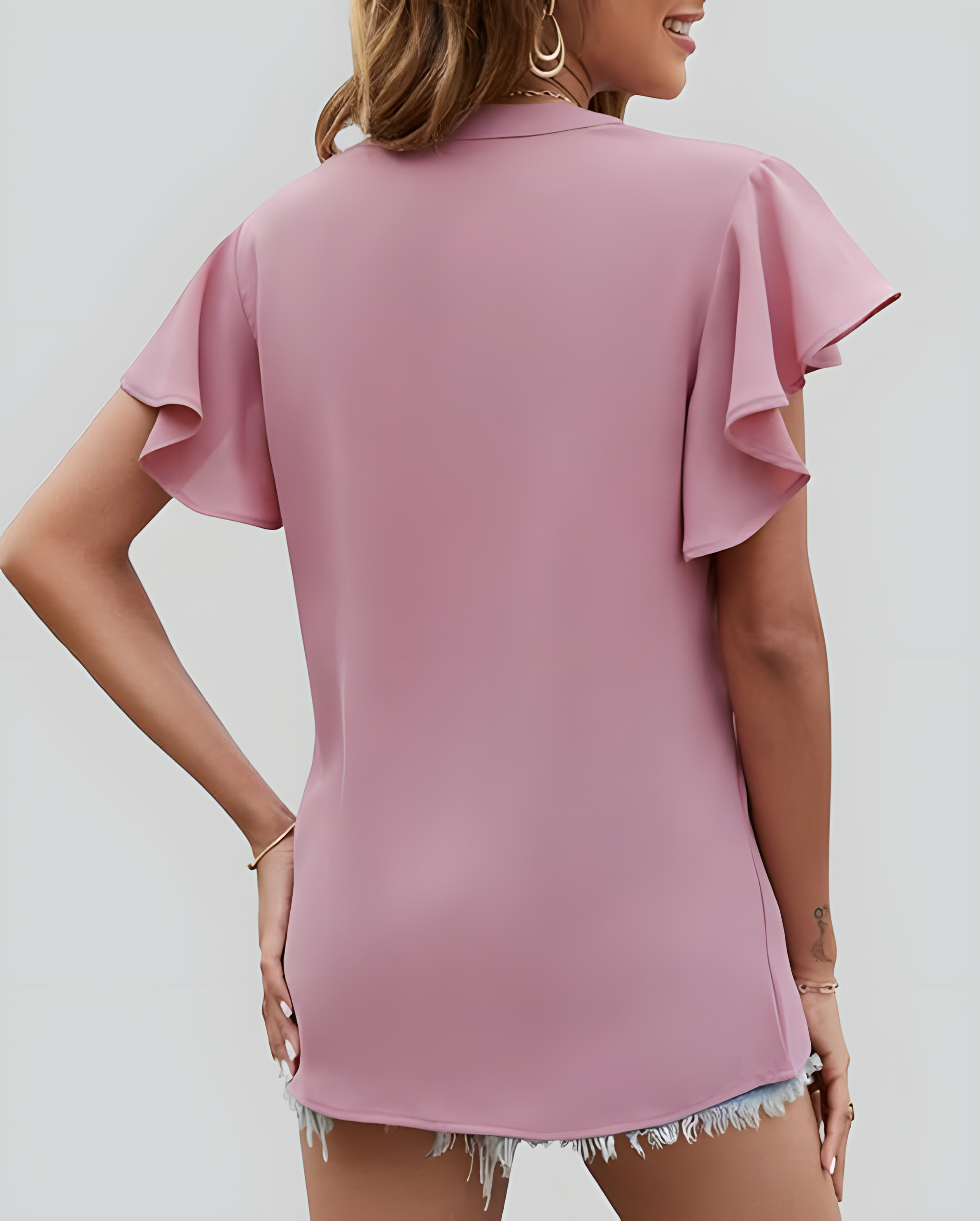 ASKSA Women's Shirt Chiffon Elegant V-neck Ruffle Summer Short Sleeve Loose Solid Color Basic Tops Casual Tunic Tops