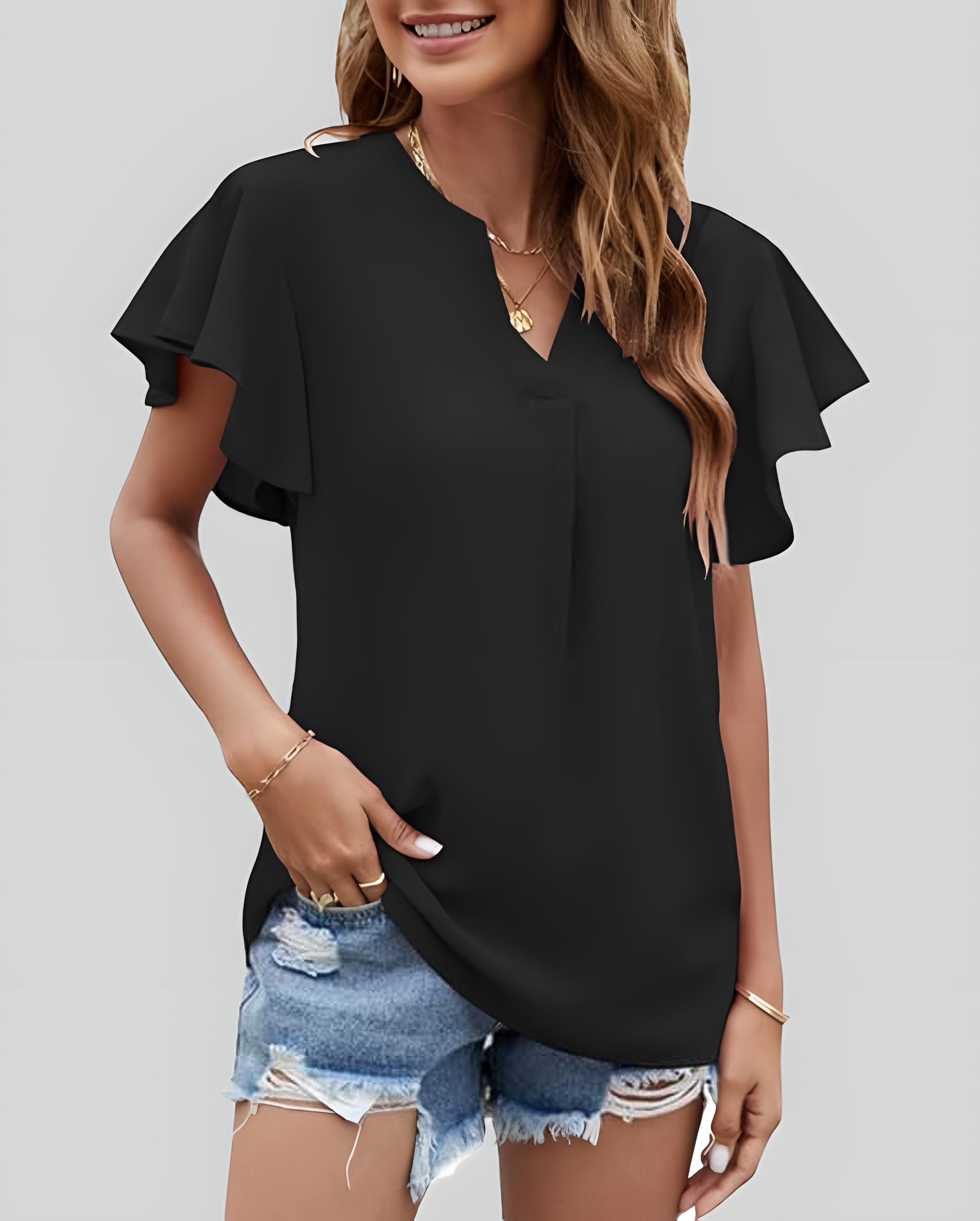 ASKSA Women's Shirt Chiffon Elegant V-neck Ruffle Summer Short Sleeve Loose Solid Color Basic Tops Casual Tunic Tops