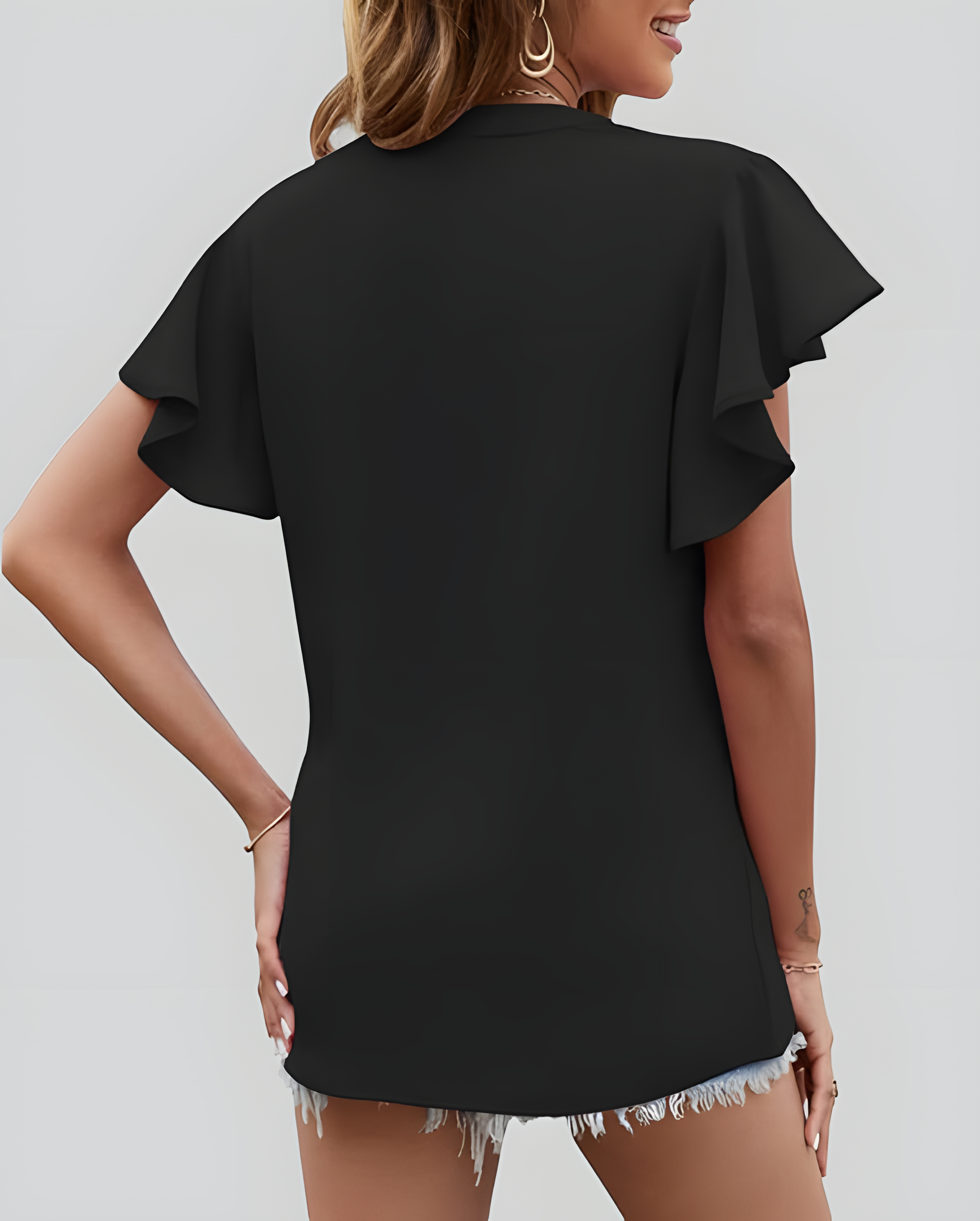 ASKSA Women's Shirt Chiffon Elegant V-neck Ruffle Summer Short Sleeve Loose Solid Color Basic Tops Casual Tunic Tops