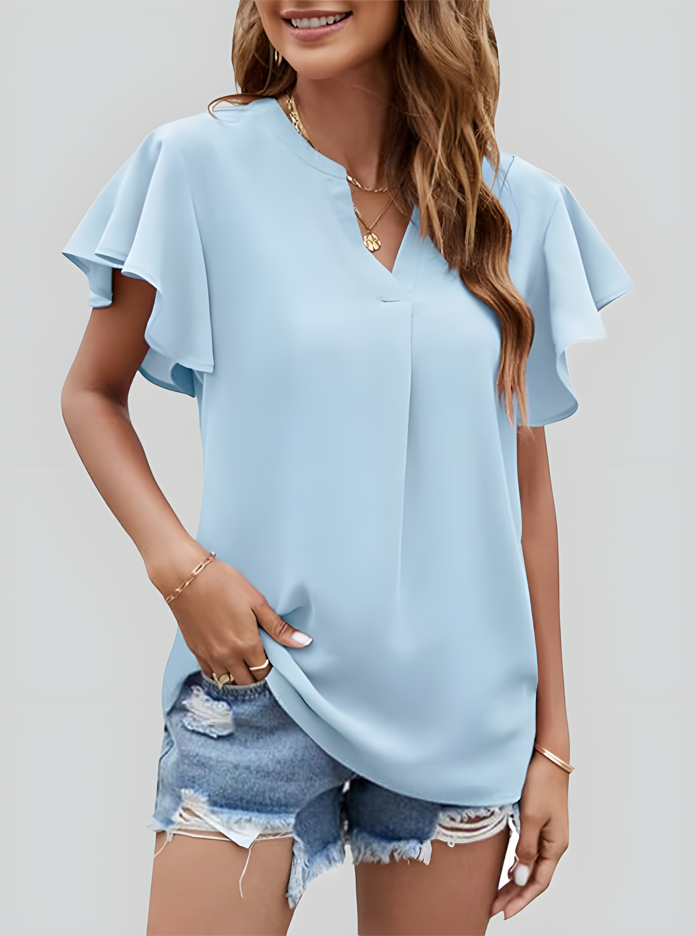 ASKSA Women's Shirt Chiffon Elegant V-neck Ruffle Summer Short Sleeve Loose Solid Color Basic Tops Casual Tunic Tops