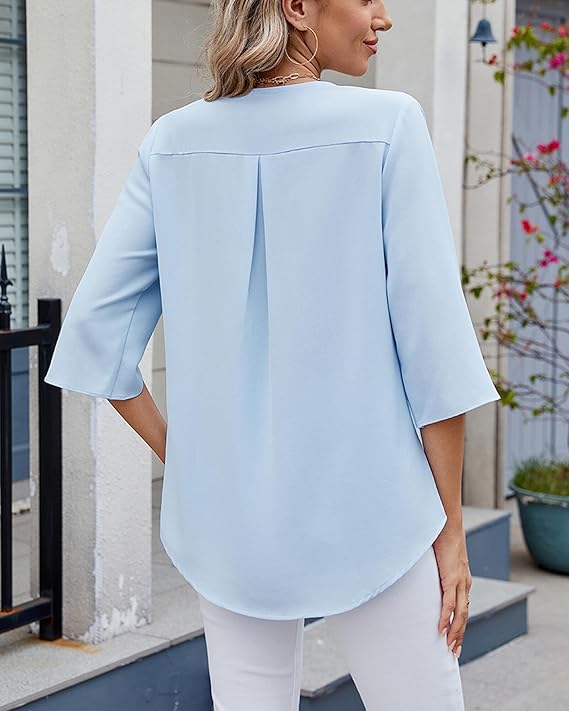 ASKSA Women's T-Shirt 3/4 Sleeves Ruffle Blouse V Neck Summer Elegant Solid Loose Waist Shirt Tops