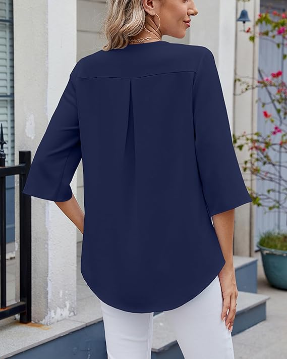 ASKSA Women's T-Shirt 3/4 Sleeves Ruffle Blouse V Neck Summer Elegant Solid Loose Waist Shirt Tops
