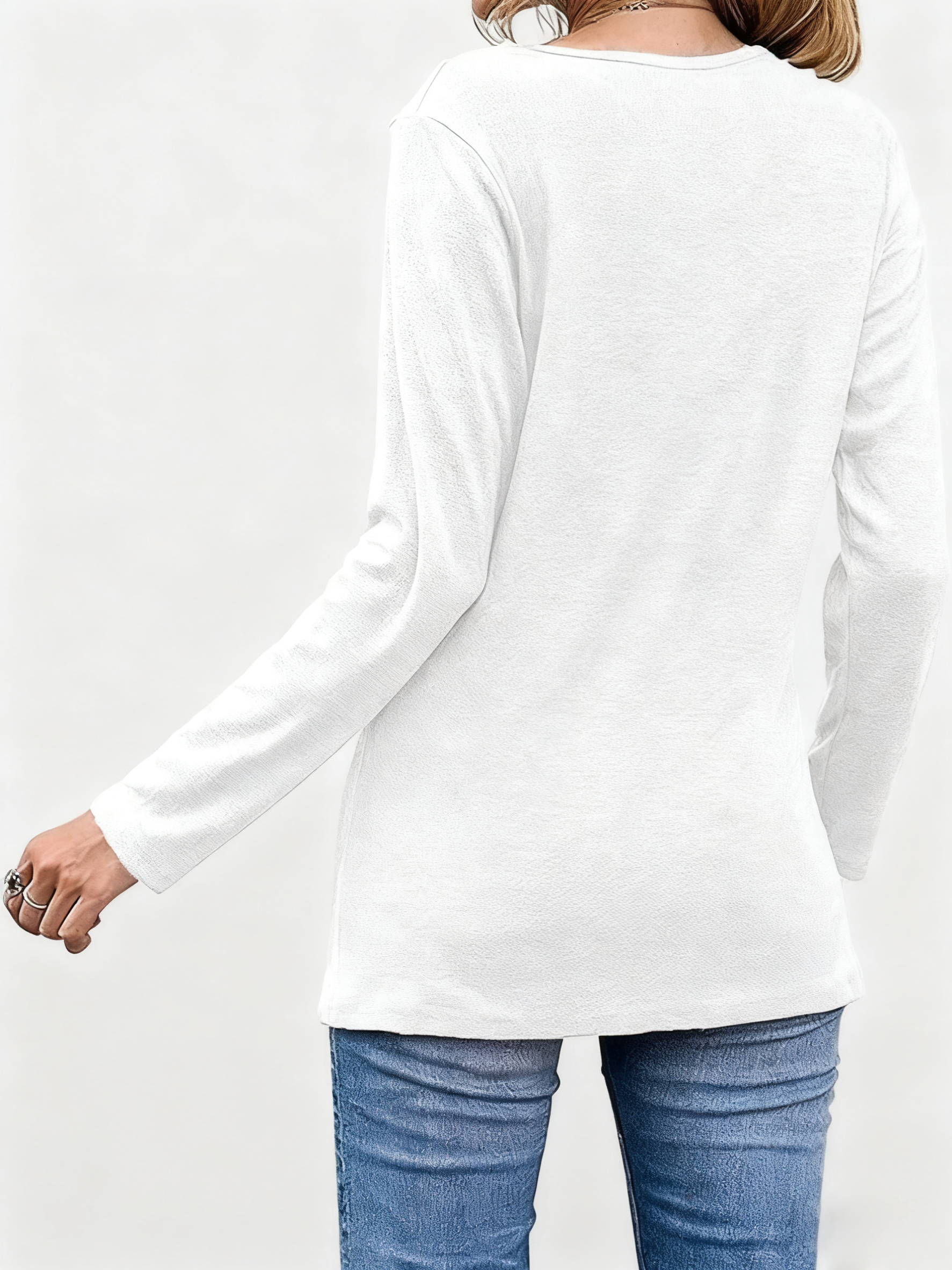 ASKSA Women's Round Neck Button Long Sleeve Solid Color T-shirt Loose Tunic Top