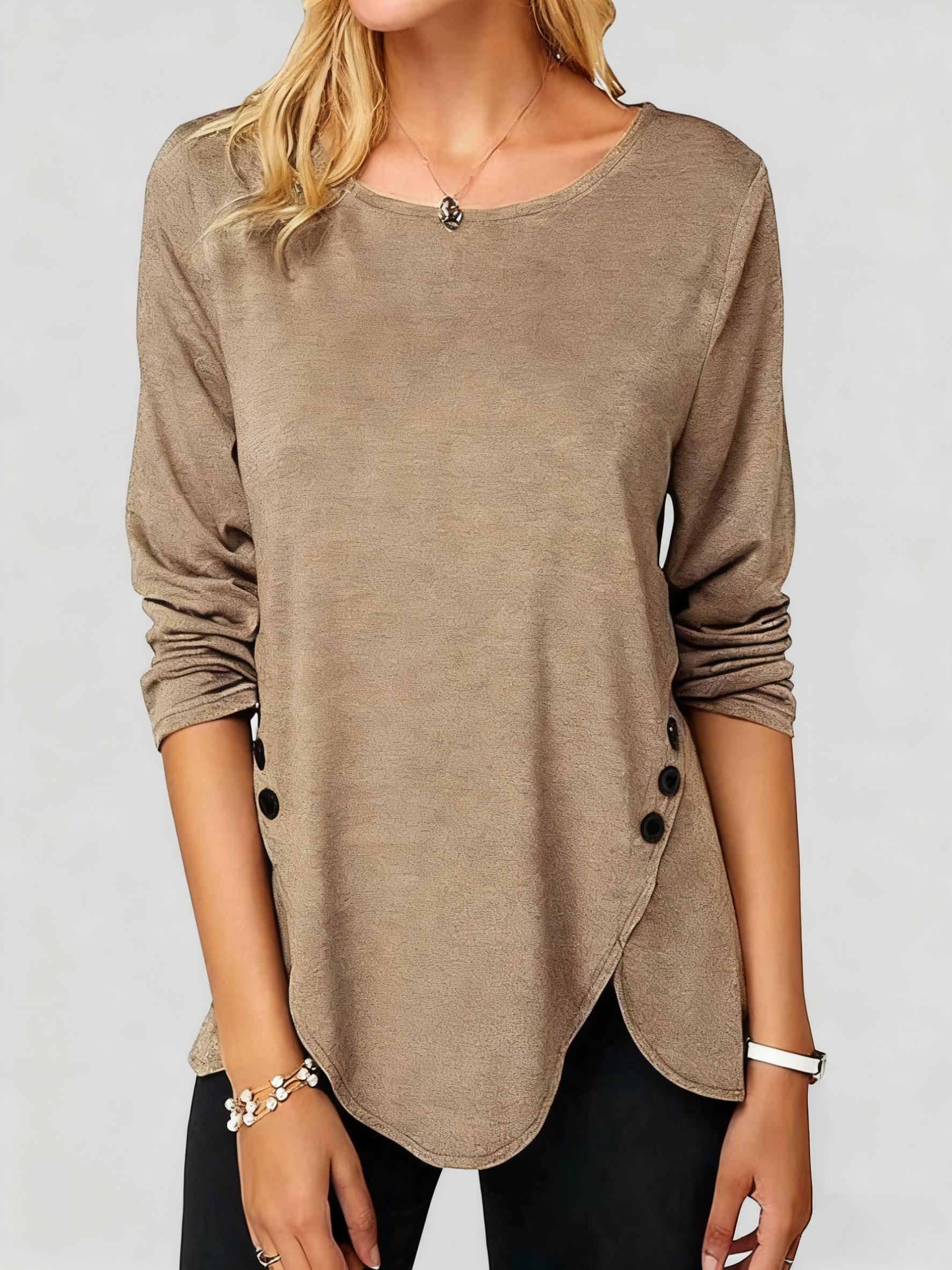 ASKSA Women's Round Neck Button Long Sleeve Solid Color T-shirt Loose Tunic Top