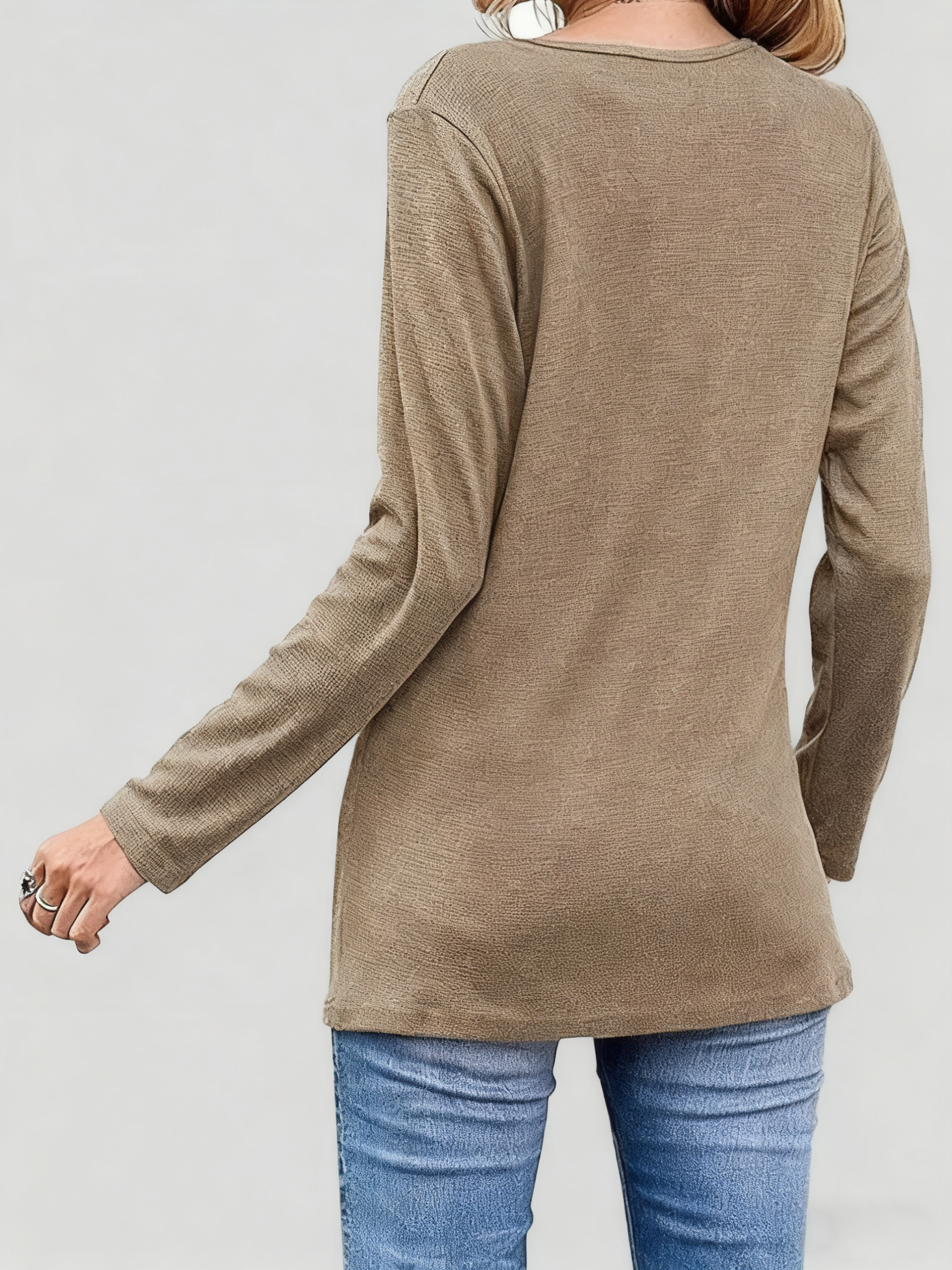 ASKSA Women's Round Neck Button Long Sleeve Solid Color T-shirt Loose Tunic Top