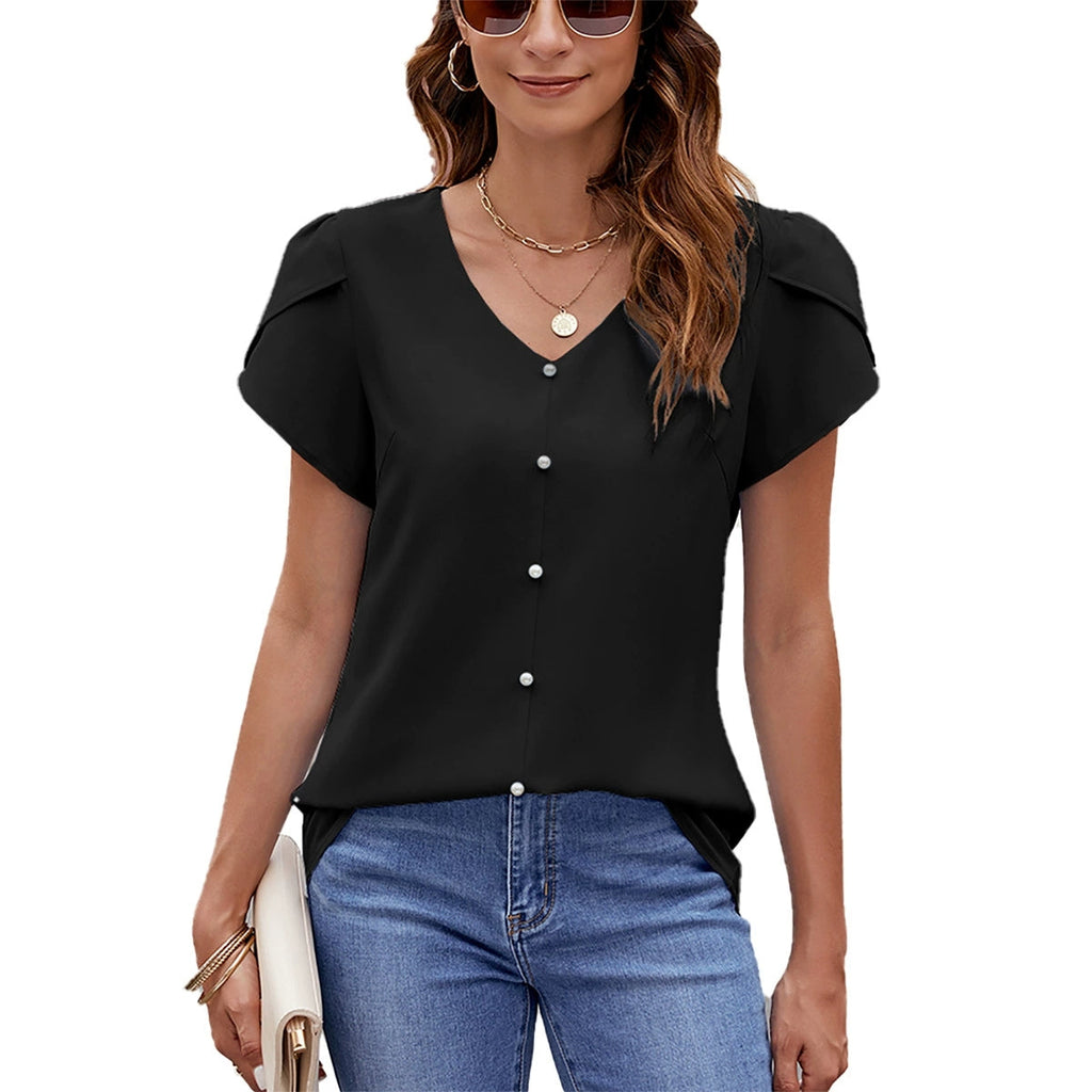 ASKSA Women's Spring/Summer Solid Color V-Neck Short-Sleeve Loose Chiffon Pearl Top Casual Solid Color Office Work Top