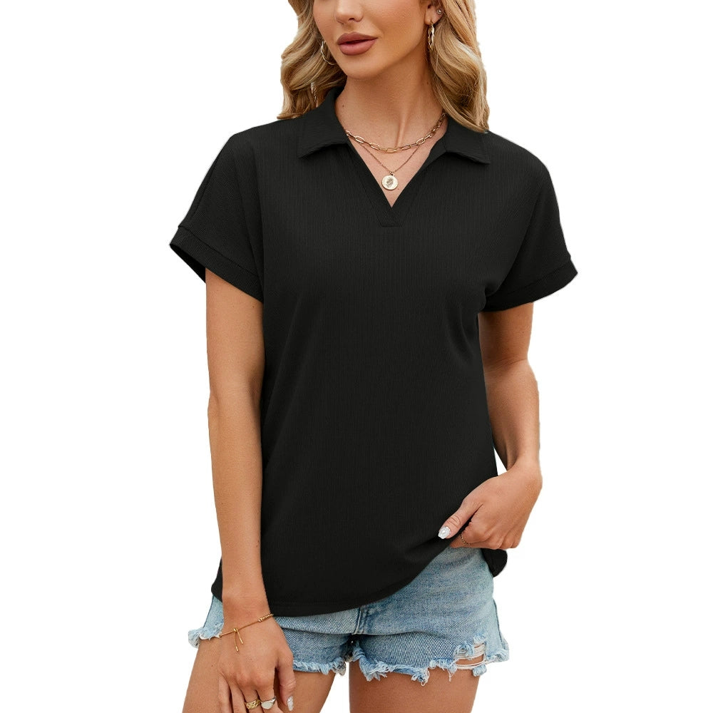 ASKSA women's solid color lapel short-sleeved T-shirt is soft and comfortable for daily wear
