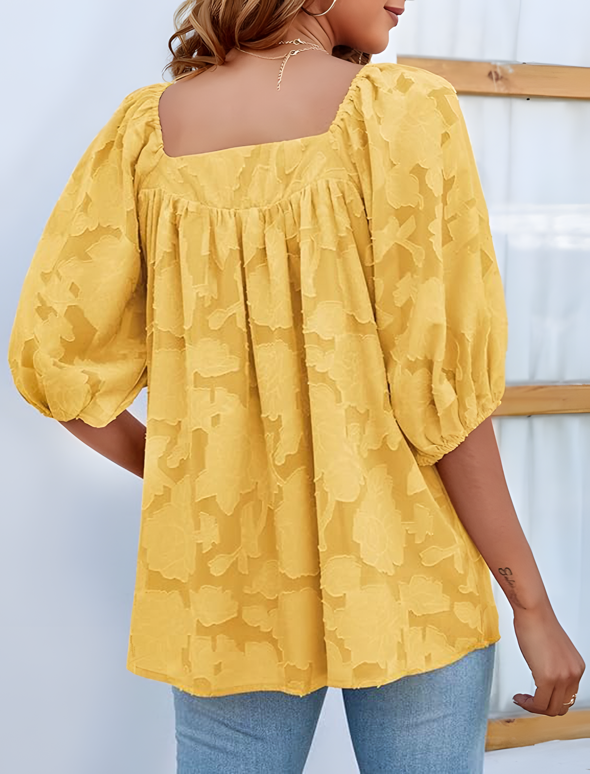 ASKSA Women's Chiffon Shirt 3/4 Lantern Sleeve Summer Shirt Elegant Loose Lace Top Square Neck Babydoll Tunic Shirt