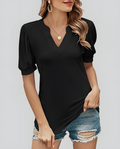 ASKSA Women's T-shirt V-neck puff sleeve short-sleeved basic top summer casual loose waist solid color top