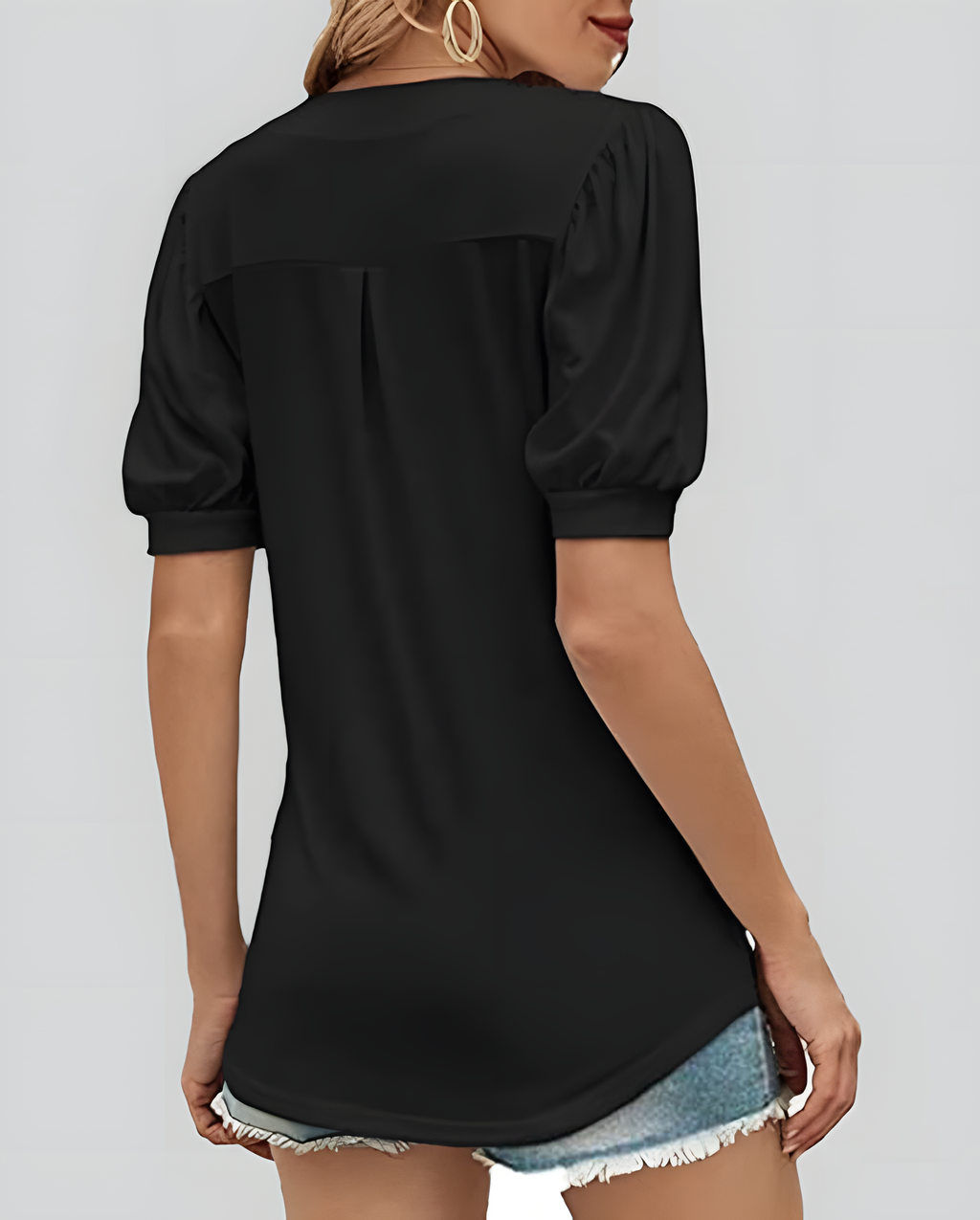 ASKSA Women's T-shirt V-neck puff sleeve short-sleeved basic top summer casual loose waist solid color top
