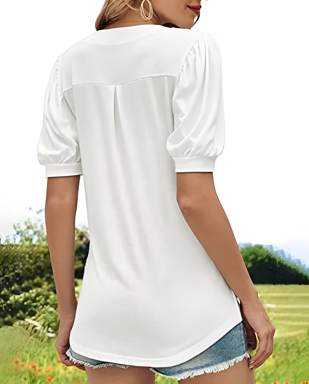 ASKSA Women's T-shirt V-neck puff sleeve short-sleeved basic top summer casual loose waist solid color top