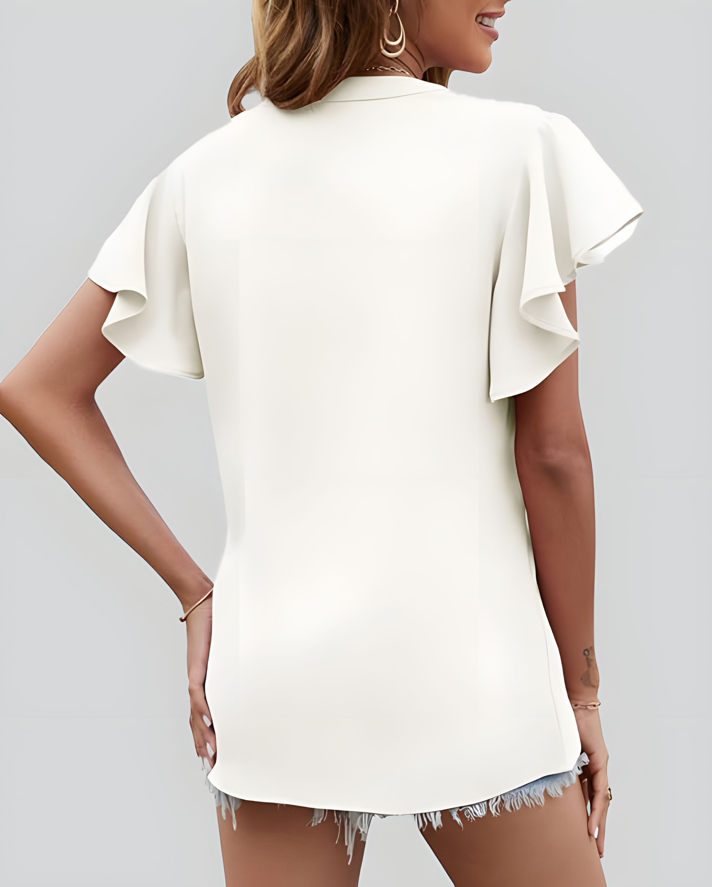 ASKSA Women's Shirt Chiffon Elegant V-neck Ruffle Summer Short Sleeve Loose Solid Color Basic Tops Casual Tunic Tops